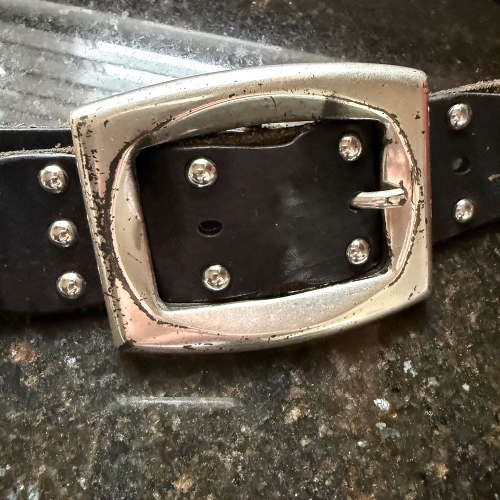 Womans Black Leather Biker Belt with Silver Buckle.